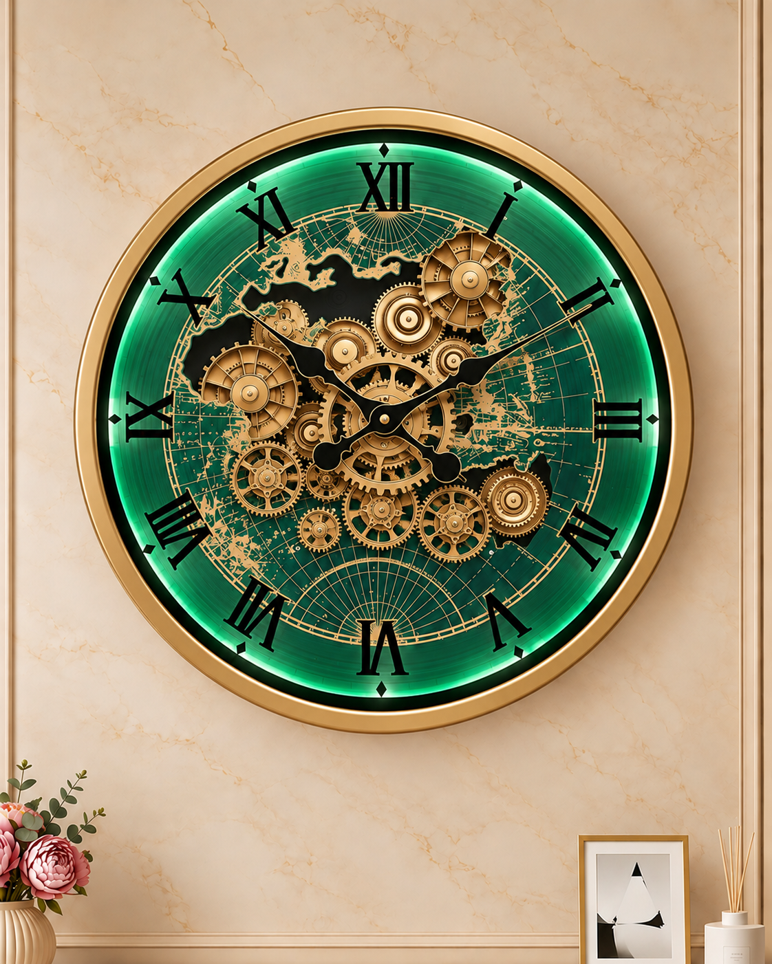 Worldline Timepiece Luxury Designer Silent Movement Wall Clock For Living Room With Moving Gear Mechanism Buy Wall Clock Online - Medium (Green) (With Light & Remote) (Metallic Sighnature Dial Collection)