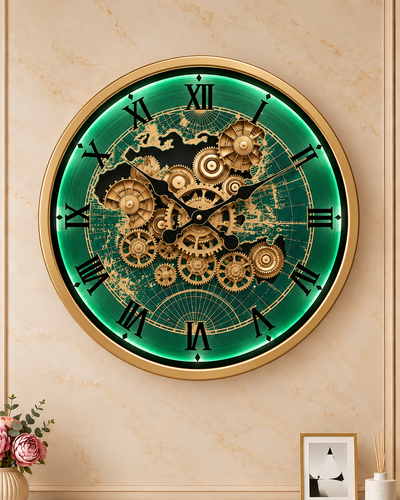 Worldline Timepiece Luxury Designer Silent Movement Wall Clock For Living Room With Moving Gear Mechanism Buy Wall Clock Online - Medium (Green) (With Light & Remote) (Metallic Sighnature Dial Collection)