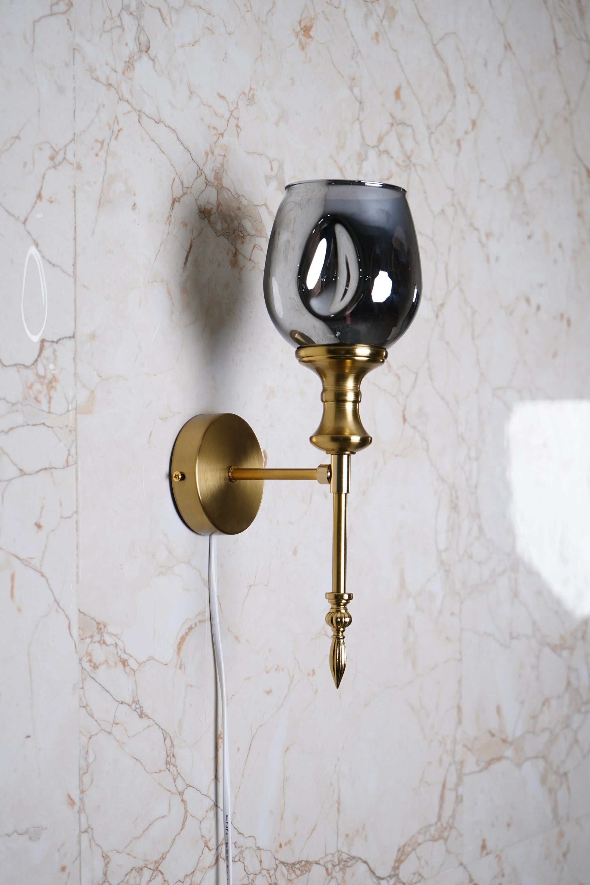 Antique Gold-Tone Smoked Glass Wall Sconce