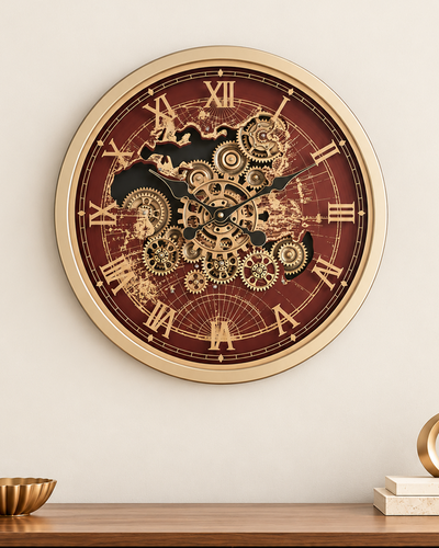 Worldline Timepiece Luxury Designer Silent Movement Wall Clock For Living Room With Moving Gear Mechanism - Medium (Wine Red) (With Light & Remote) (Brushing Luxury Watch Dial Collection)