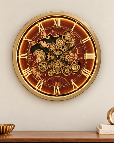 Worldline Timepiece Luxury Designer Silent Movement Wall Clock For Living Room With Moving Gear Mechanism - Medium (Wine Red) (With Light & Remote) (Brushing Luxury Watch Dial Collection)