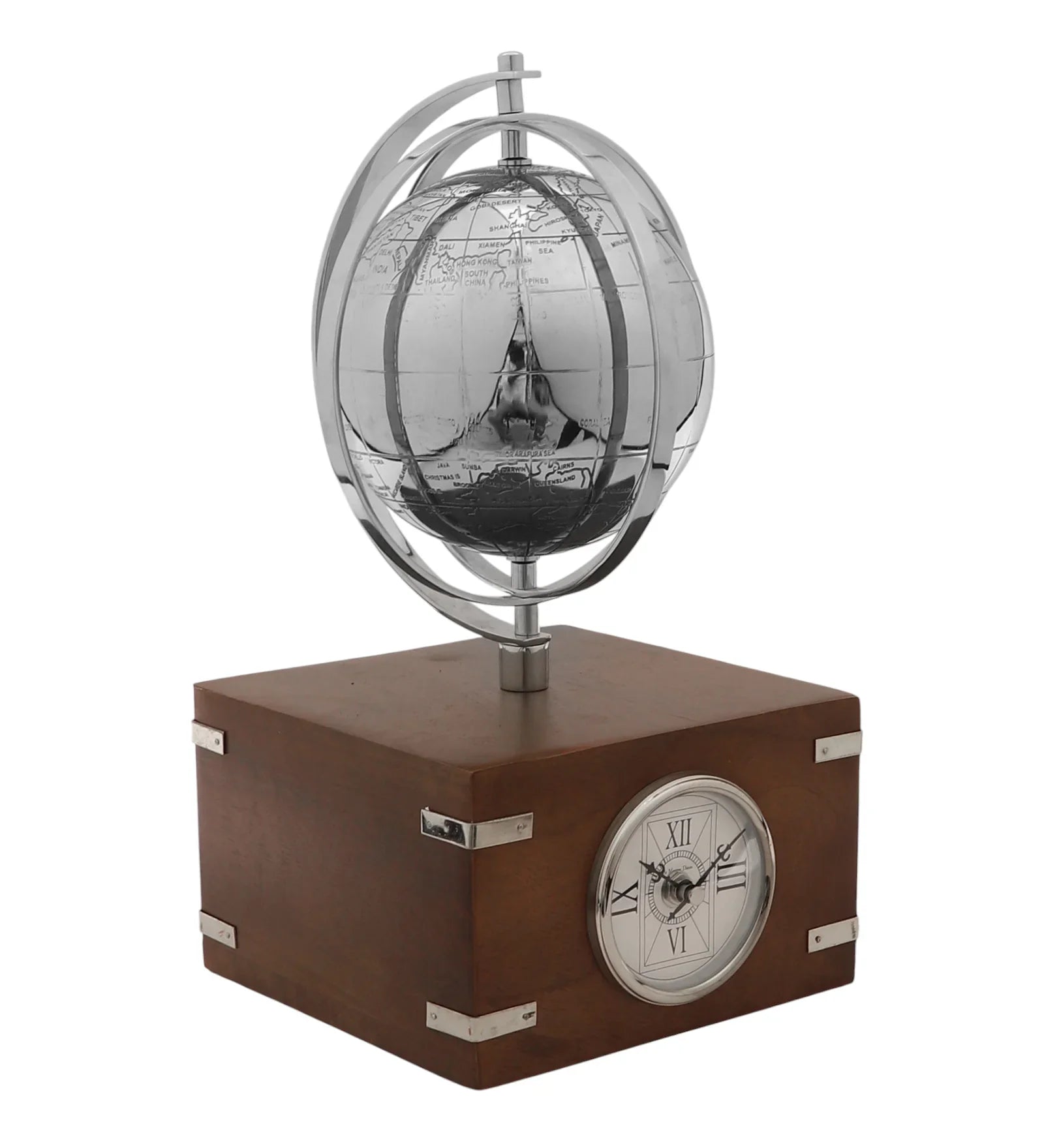 Atlasphere Decorative Table Clock | Luxury Metal & Wood Desk Clock for Home & Office Decor