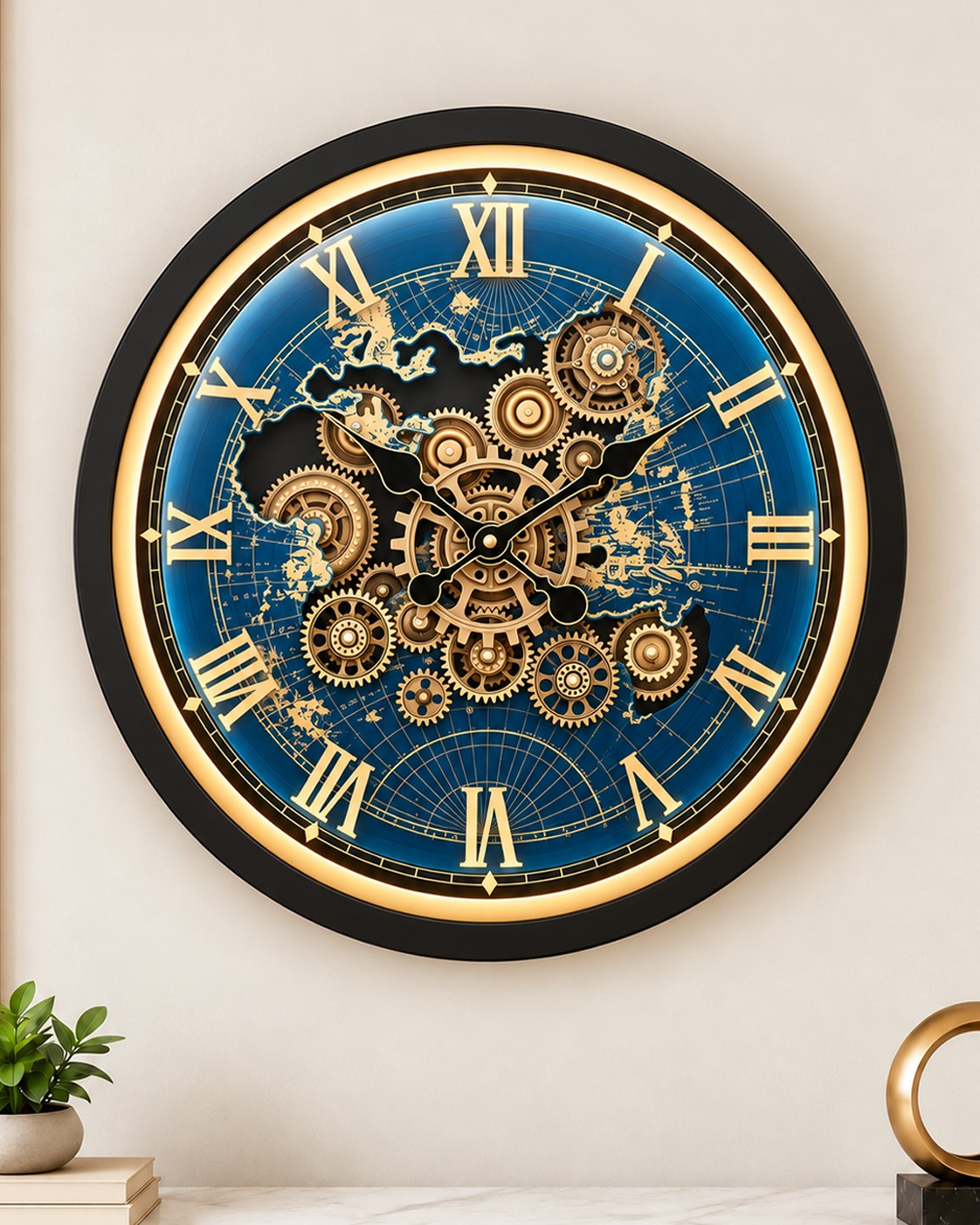 Worldline Timepiece Luxury Designer Silent Movement Wall Clock For Living Room With Moving Gear Mechanism Buy Wall Clock Online - Medium (Blue) (With Light & Remote) (Radial Brushing Metallic Sheen)