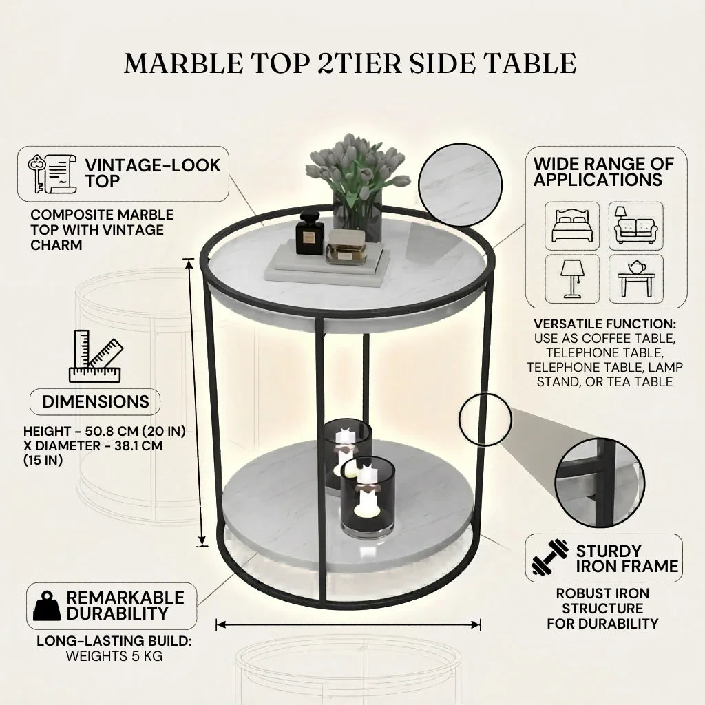 Marble Top 2 Tier Side Table With Storage Shelf | Living Room End Table Black Color