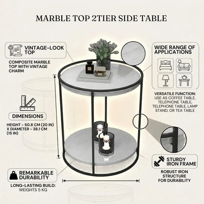 Marble Top 2 Tier Side Table With Storage Shelf | Living Room End Table Black Color