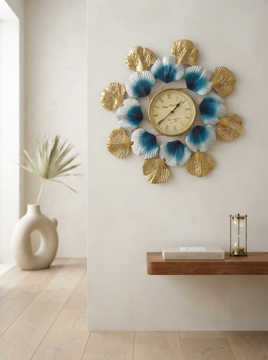 Decorative Wall Clock | Blue Gold Flower Petal Metal Clock