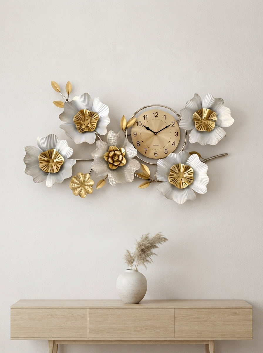 Metal Flower Wall Clock | Silver & Gold Floral Wall Art Decor