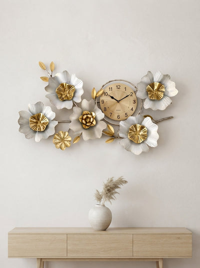 Metal Flower Wall Clock | Silver & Gold Floral Wall Art Decor
