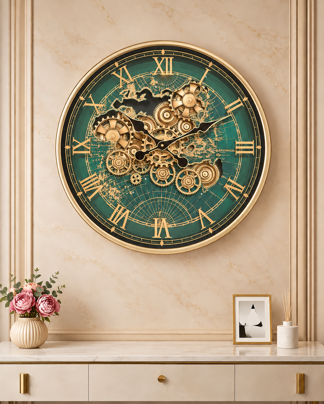 Worldline Timepiece Luxury Designer Silent Movement Wall Clock For Living Room With Moving Gear Mechanism Buy Wall Clock Online - Big (GREEN COLOR WITH GOLDEN NUMBER) (Metallic Sighnature Dial Collection)