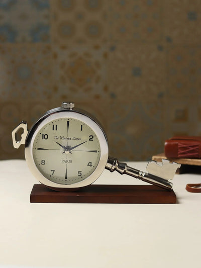Areios Table Clock | Vintage Key Design Desk Clock in Gold Finish with Wooden Base