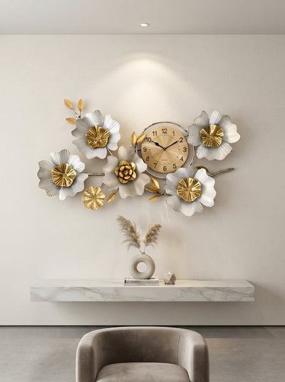 Metal Flower Wall Clock | Silver & Gold Floral Wall Art Decor