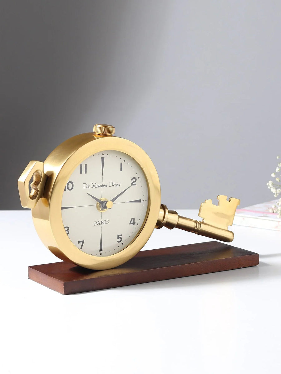 Areios Table Clock | Vintage Key Design Desk Clock in Gold Finish with Wooden Base