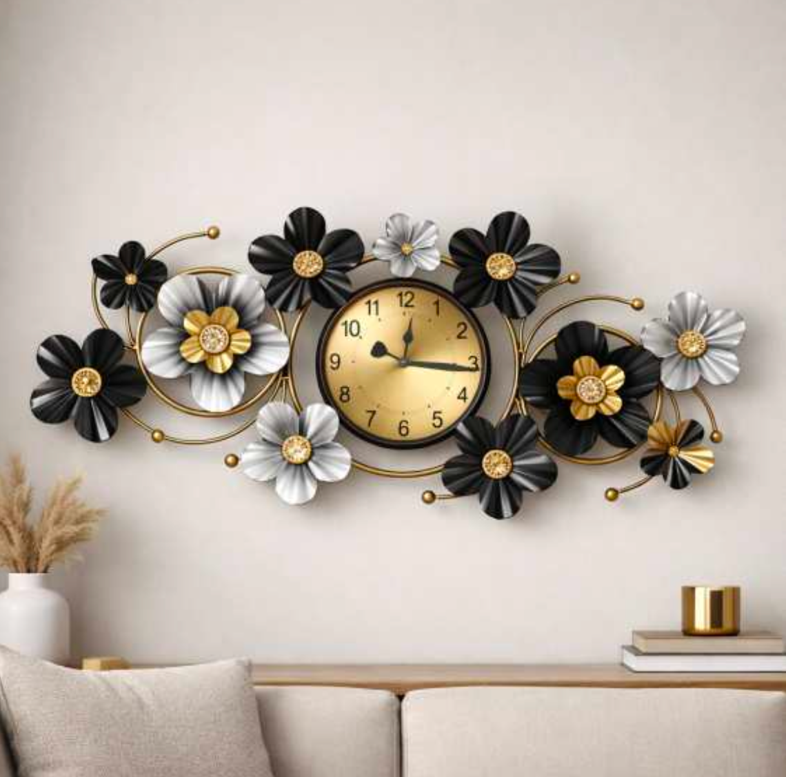 Floral Metal Wall Clock 42" x 19" – Decorative Flower Wall Clock for Living Room & Home Decor