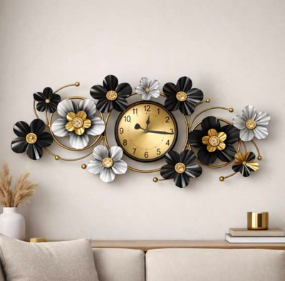 Floral Metal Wall Clock 42" x 19" – Decorative Flower Wall Clock for Living Room & Home Decor