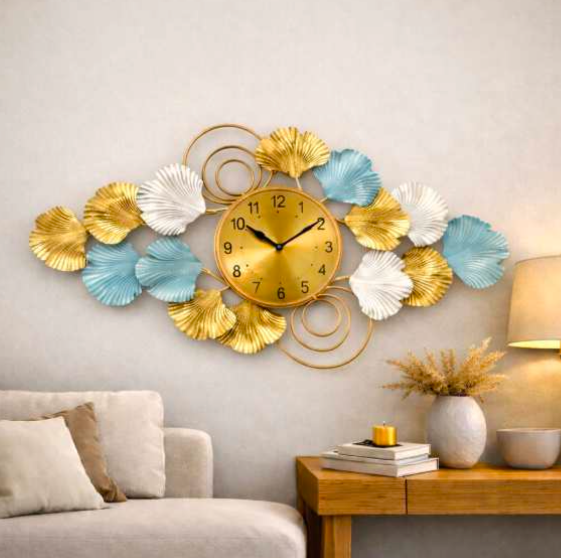 Horizontal Ginkgo Leaf Accent Wall Clock 40" x 26" – Decorative Metal Nature Wall Clock for Living Room & Home Decor