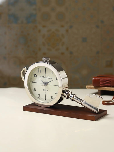 Areios Table Clock | Vintage Key Design Desk Clock in Gold Finish with Wooden Base