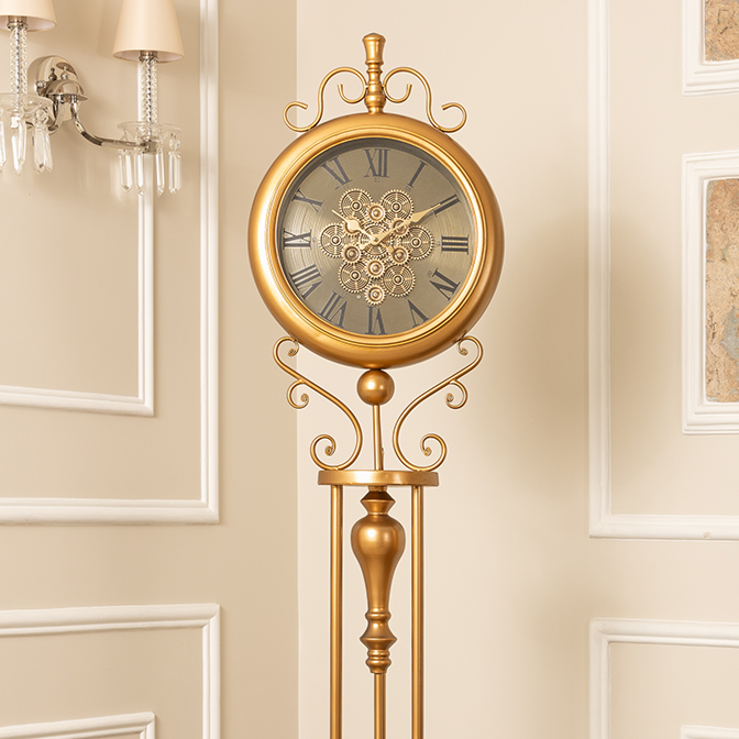 Classic Crown Luxury Designer Silent Movement Standing Clock With Moving Gear Mechanism (Steel Body)