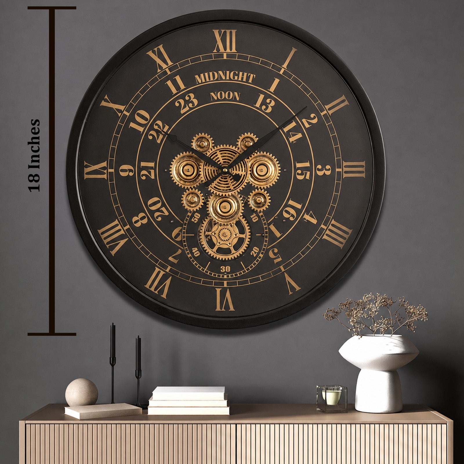 Mystic Motion Luxury Designer Watches Wall Clock For Living Room With Moving Gear Mechanism Buy Wall Clock Online - Medium (Black) (Steel Body) (N)