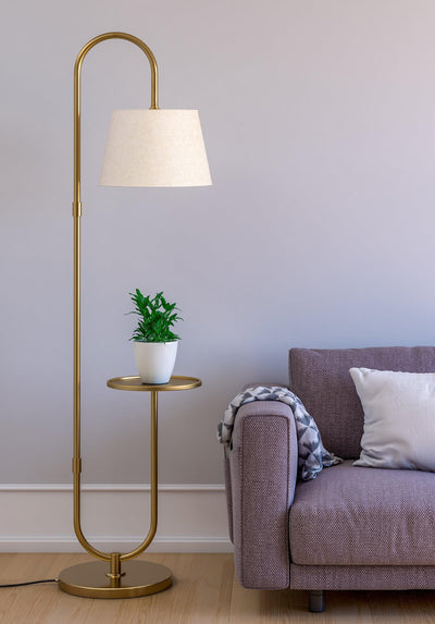 Brass Antique Curved Floor Lamp with Table Shelf for Living Room | Standing Lamp for Home Decor