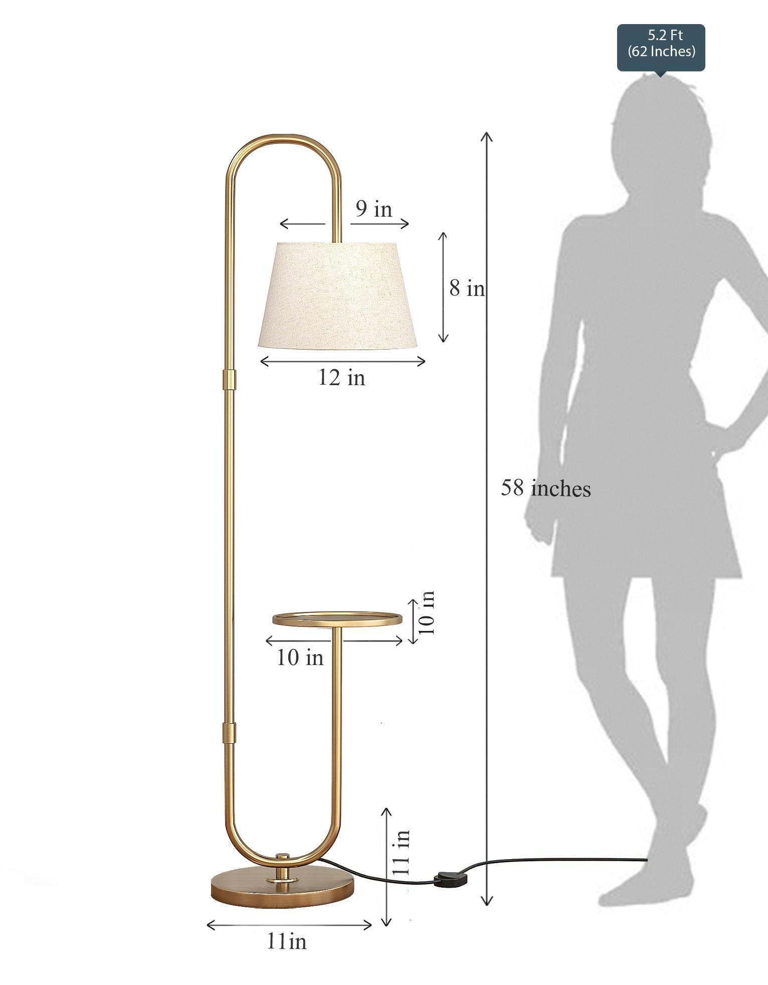 Brass Antique Curved Floor Lamp with Table Shelf for Living Room | Standing Lamp for Home Decor