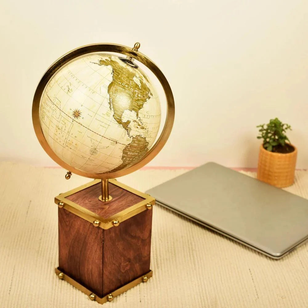 Gold Globe with Wooden Base (17-Inch) | Antique Metal World Globe for Home Décor, Study & Office Desk