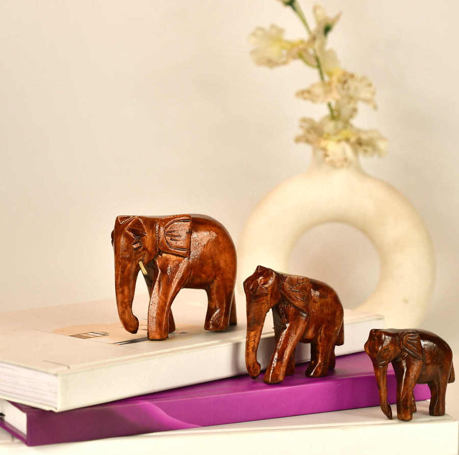 Handmade Wooden Elephant Showpiece Descending Set Of 3 For Table Decor