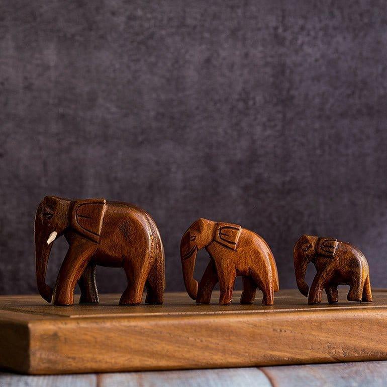 Handmade Wooden Elephant Showpiece Descending Set Of 3 For Table Decor