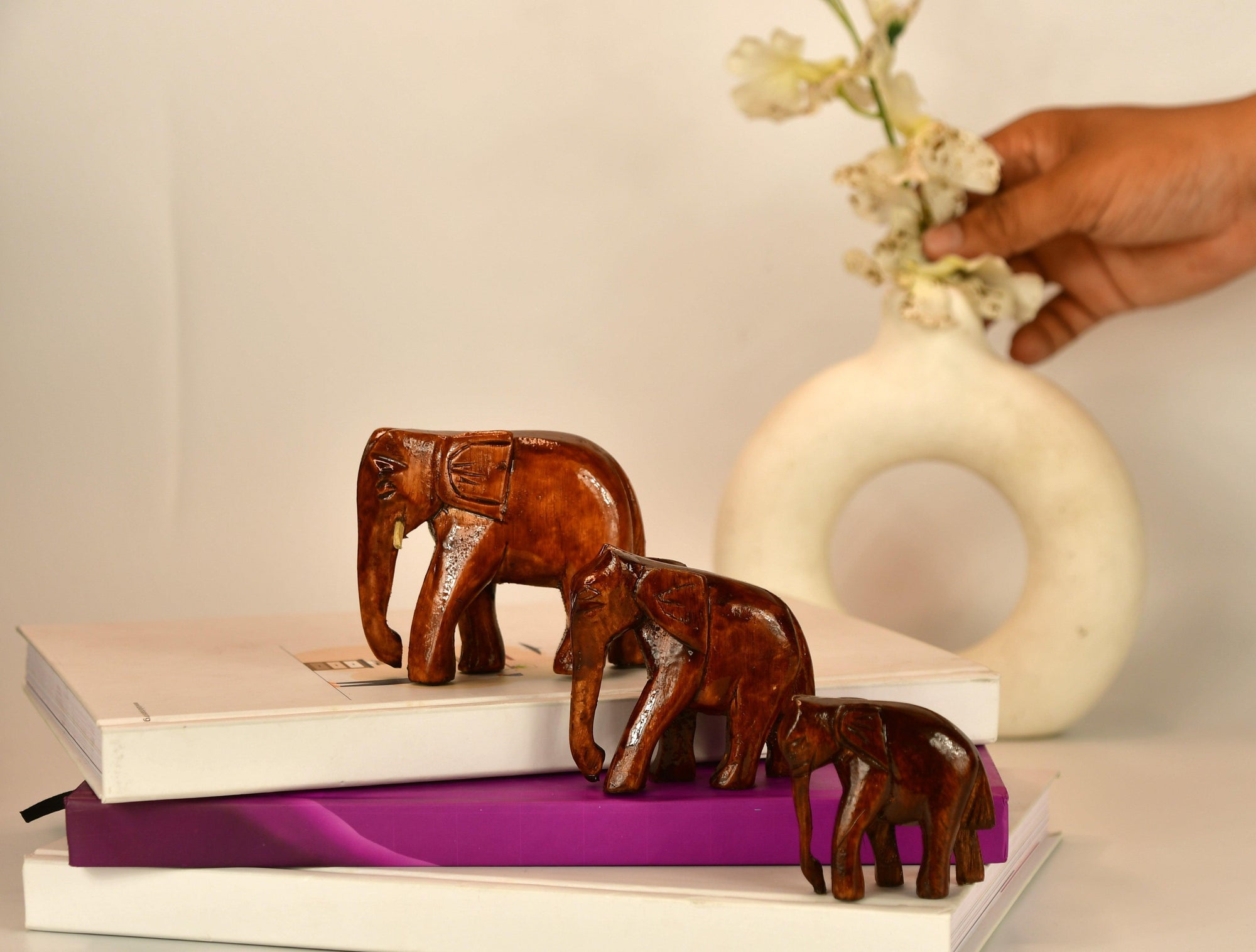 Handmade Wooden Elephant Showpiece Descending Set Of 3 For Table Decor