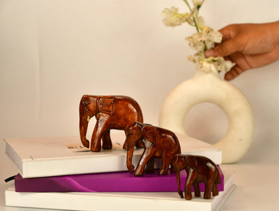 Handmade Wooden Elephant Showpiece Descending Set Of 3 For Table Decor