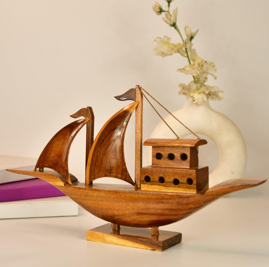 Wooden Sailing House Boat Showpiece | Handcrafted Ship Artefact For Decor