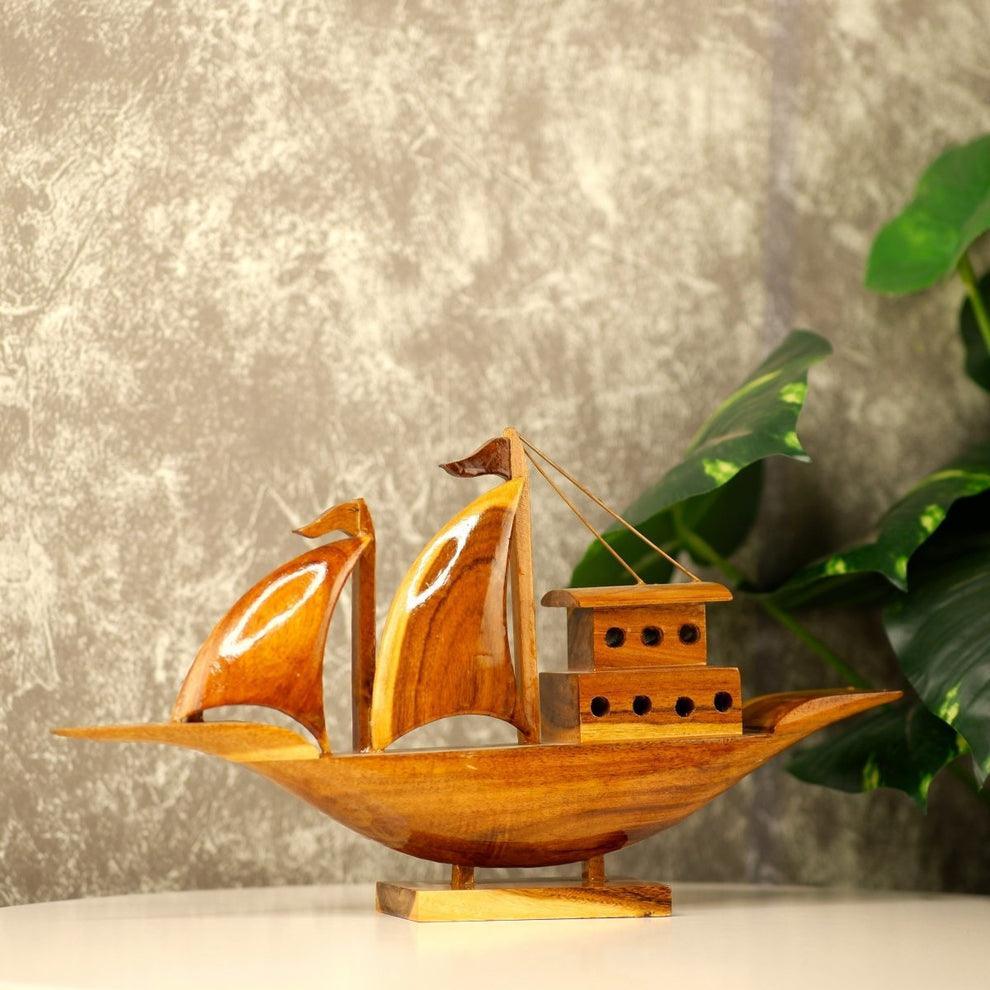 Wooden Sailing House Boat Showpiece | Handcrafted Ship Artefact For Decor