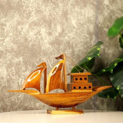Wooden Sailing House Boat Showpiece | Handcrafted Ship Artefact For Decor