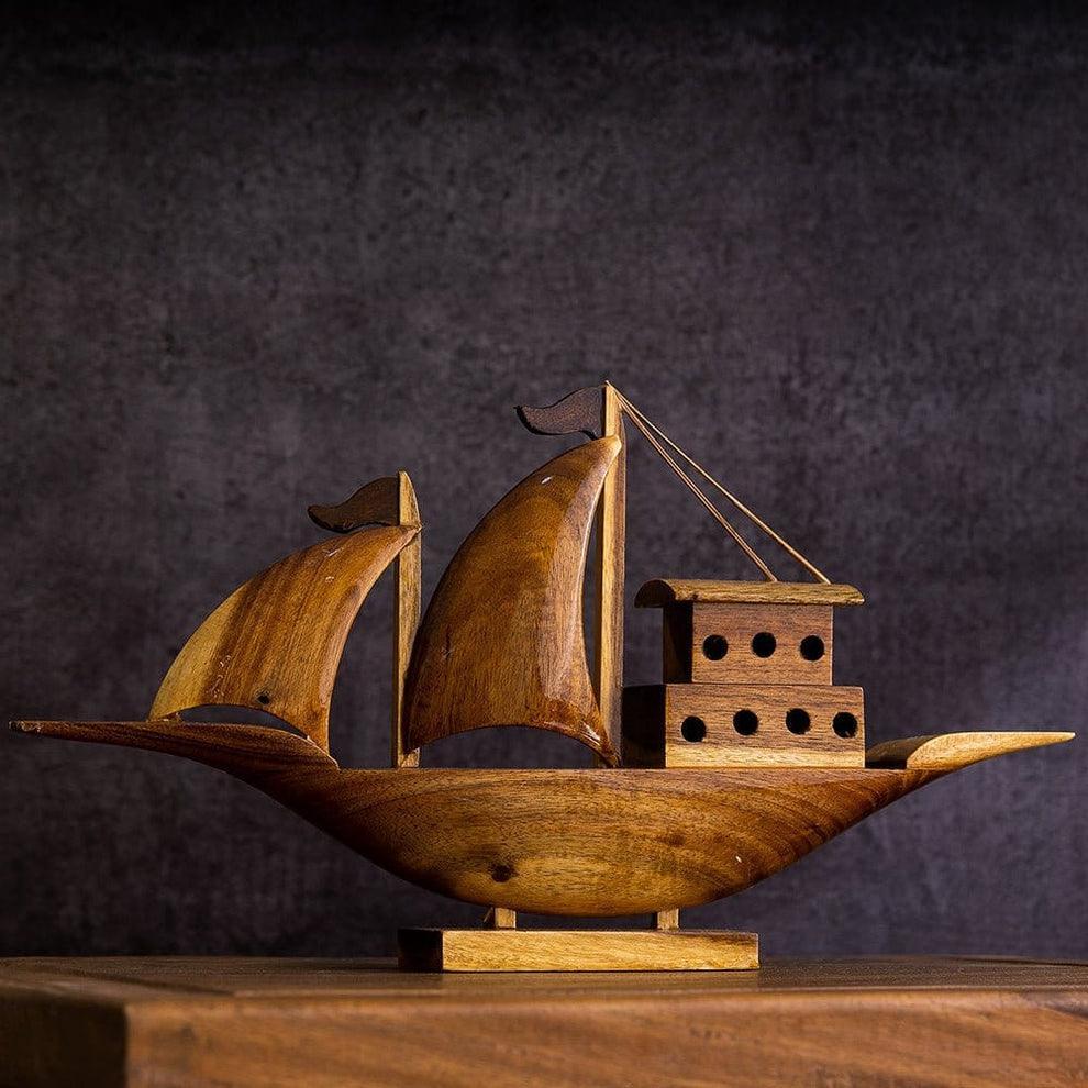 Wooden Sailing House Boat Showpiece | Handcrafted Ship Artefact For Decor