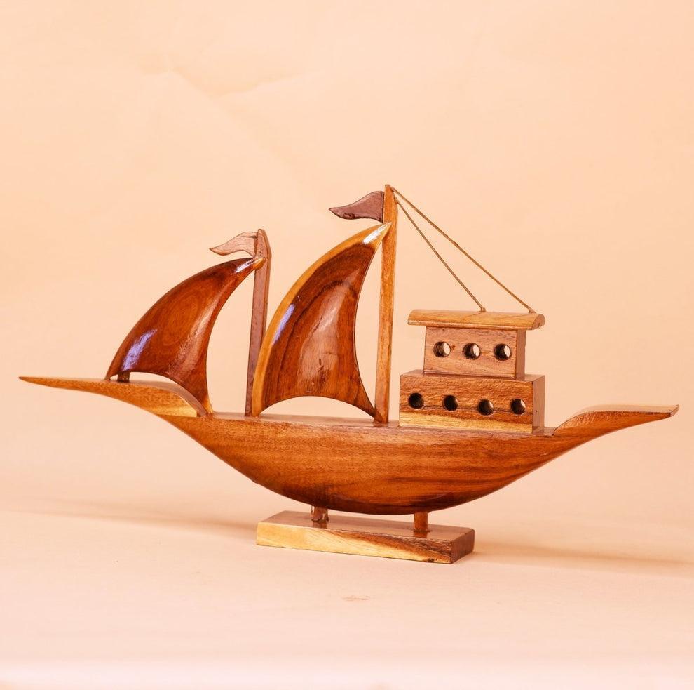 Wooden Sailing House Boat Showpiece | Handcrafted Ship Artefact For Decor