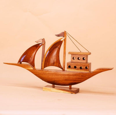 Wooden Sailing House Boat Showpiece | Handcrafted Ship Artefact For Decor