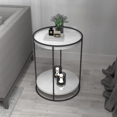 Marble Top 2 Tier Side Table With Storage Shelf | Living Room End Table Black Color