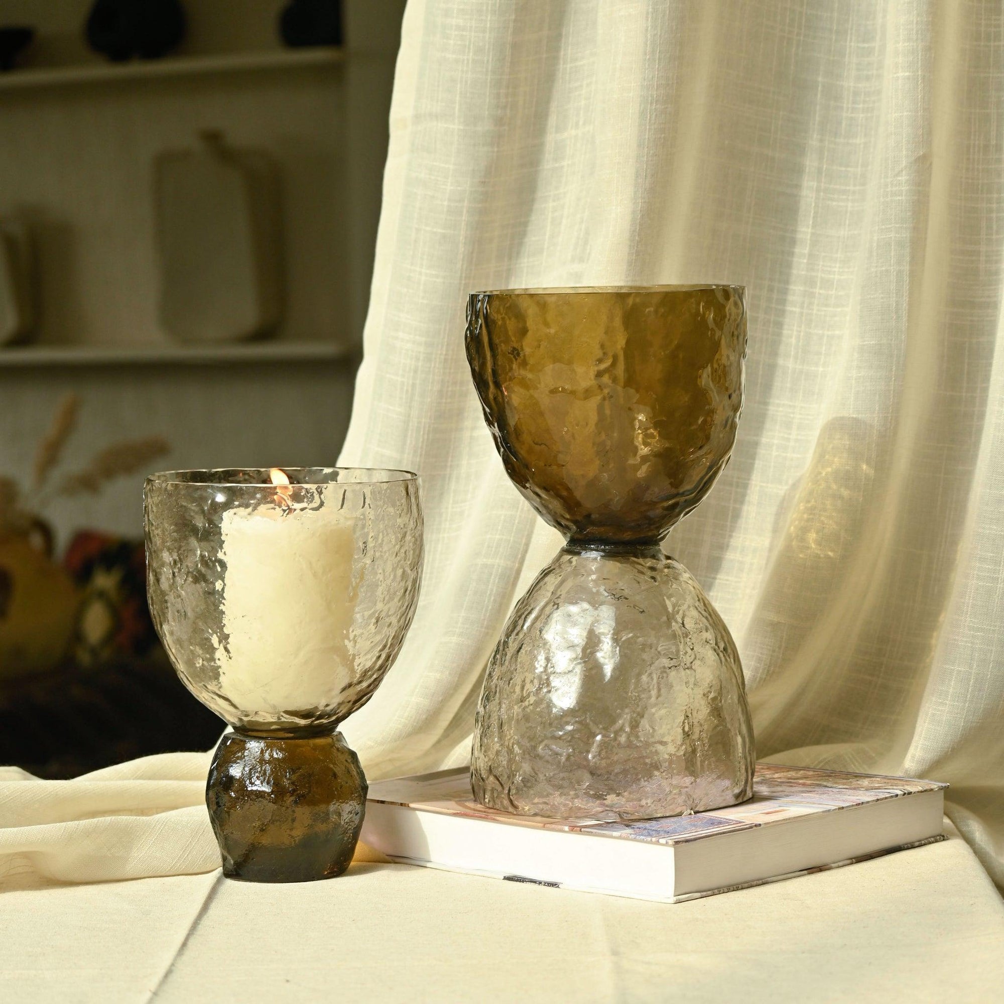 Ezra Glass Vases or Candle Holder | Handcrafted Textured Brown Glass Decor