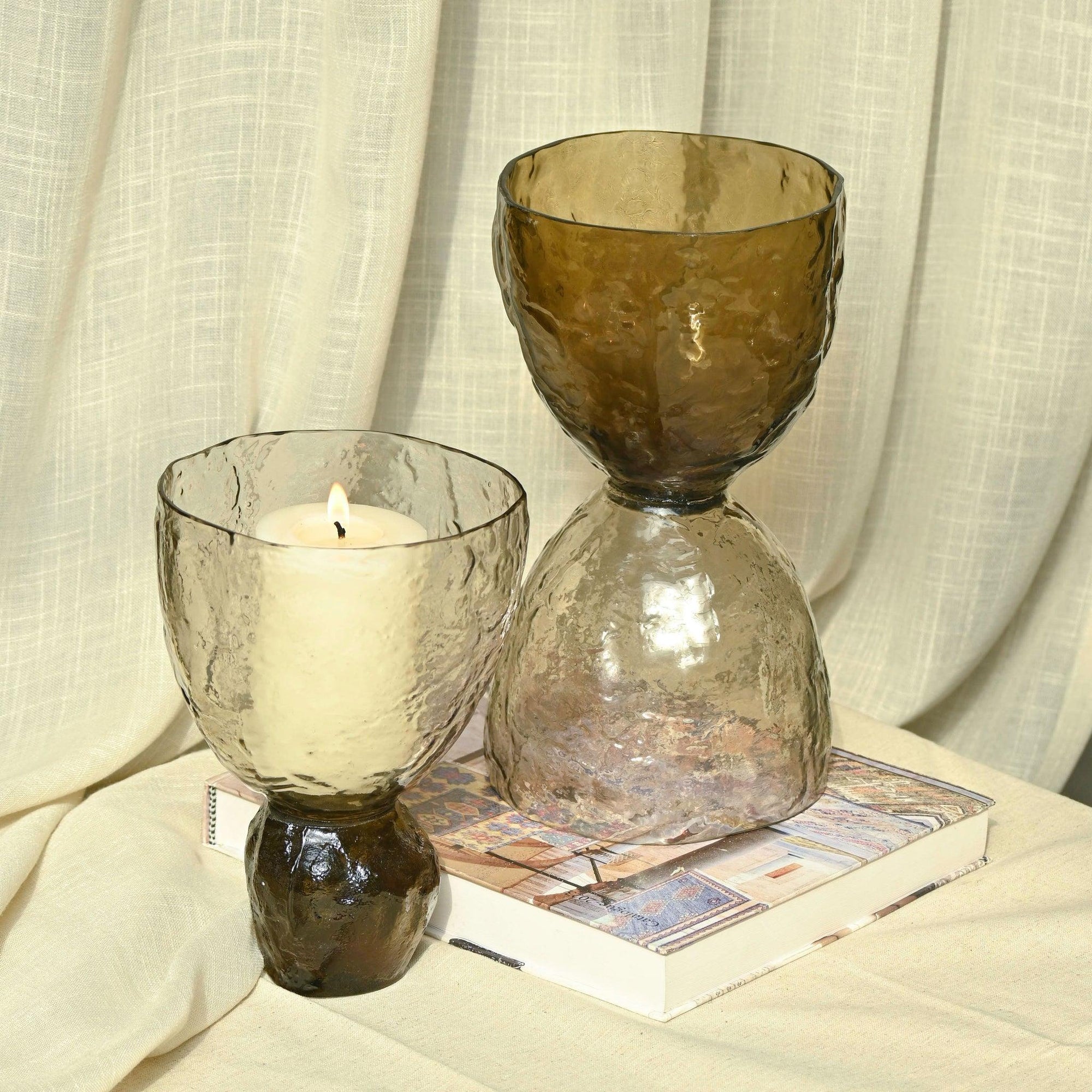 Ezra Glass Vases or Candle Holder | Handcrafted Textured Brown Glass Decor
