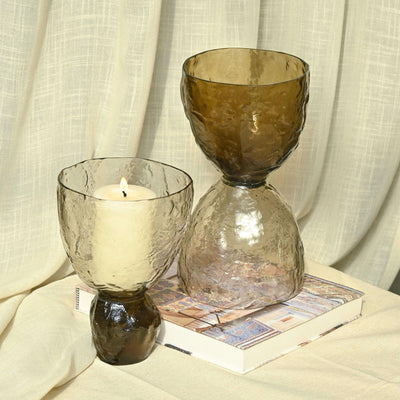 Ezra Glass Vases or Candle Holder | Handcrafted Textured Brown Glass Decor