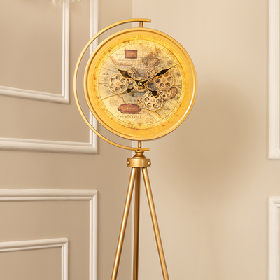 Timeless Tradition Tripod Base Luxury Designer Silent Movement Floor Clock With Moving Gear Mechanism (Steel Body) (With Light & Remote)