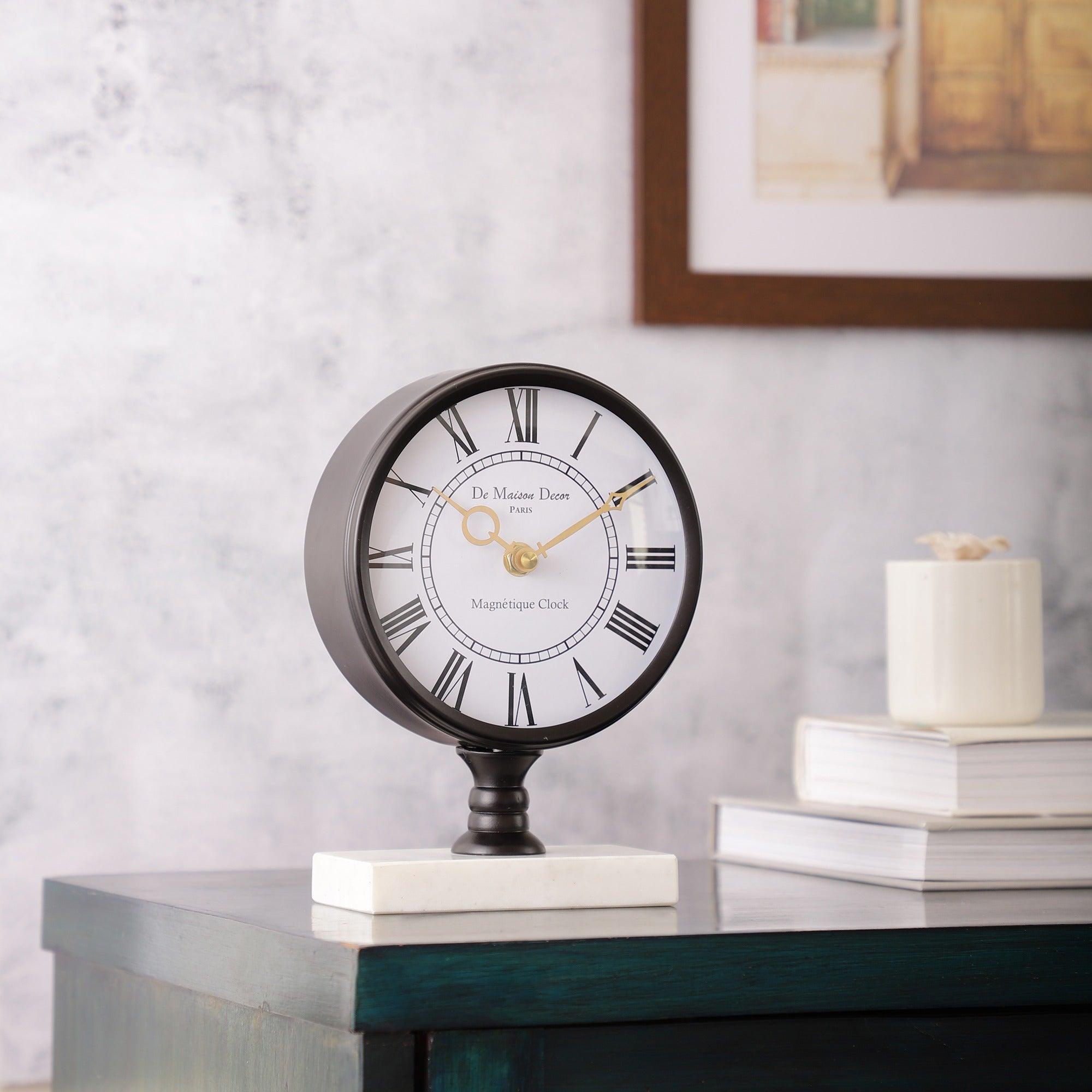 Seraphic Gold Marble Table Clock | Desk & Mantel Timepiece | Designer Office Desk Accessoried
