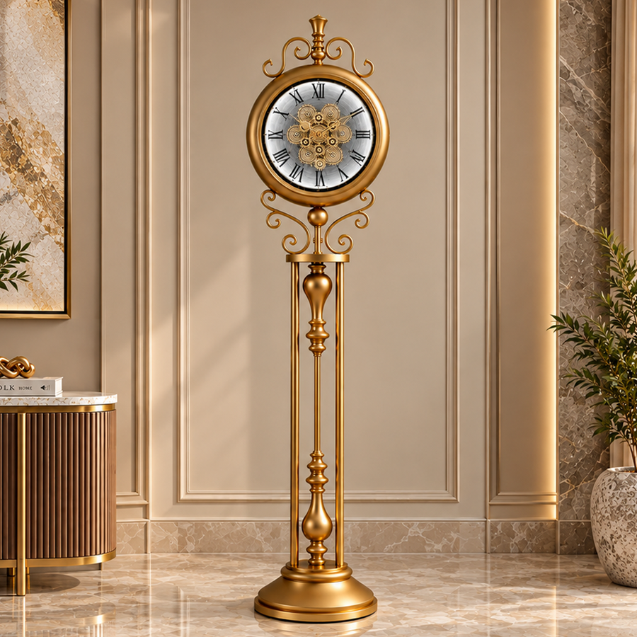 Classic Crown Luxury Designer Silent Movement Standing Clock With Moving Gear Mechanism (Steel Body) (With Light & Remote)