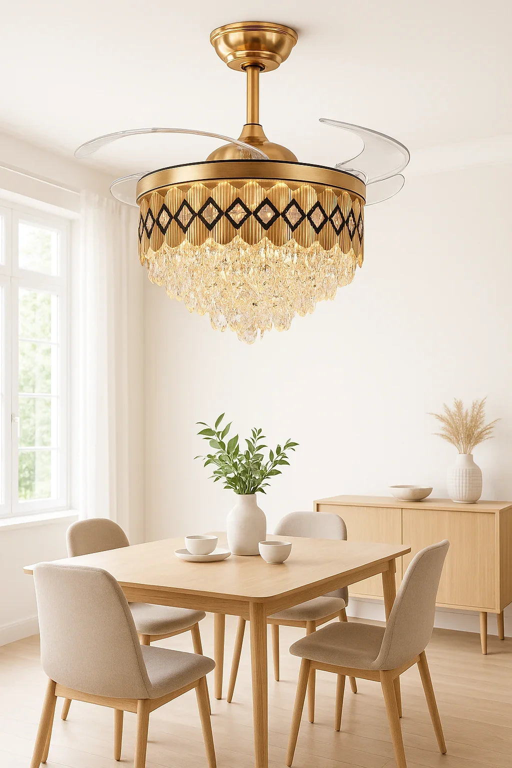 Diamond-Band Retractable-Blade Crystal Fan Chandelier