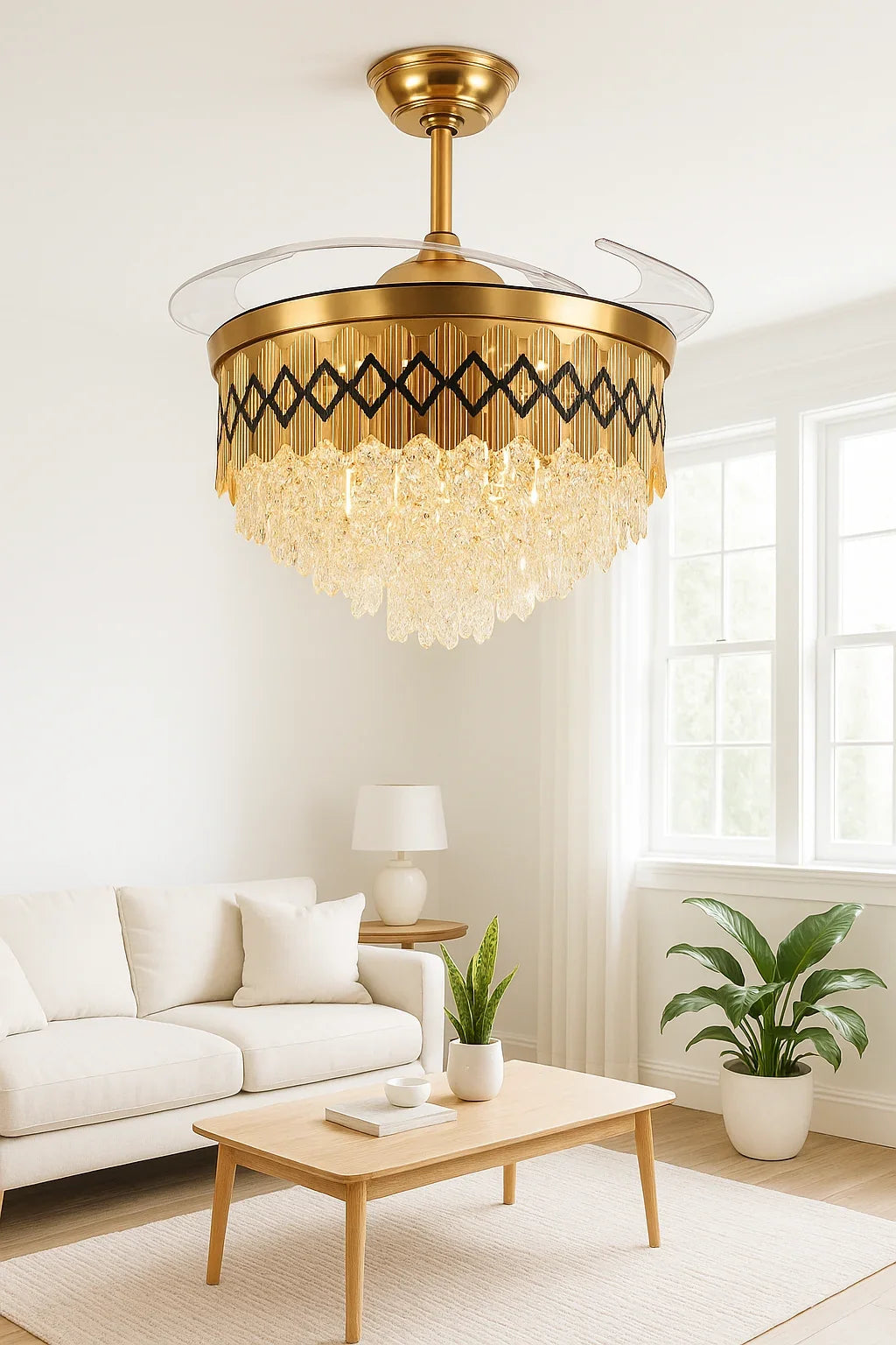 Diamond-Band Retractable-Blade Crystal Fan Chandelier