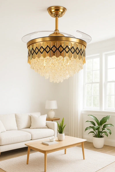 Diamond-Band Retractable-Blade Crystal Fan Chandelier