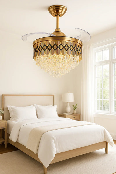 Diamond-Band Retractable-Blade Crystal Fan Chandelier