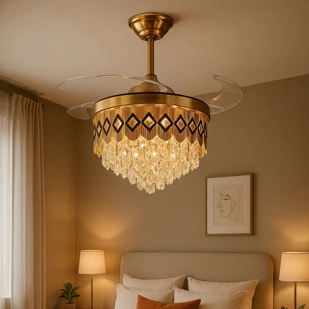 Diamond-Band Retractable-Blade Crystal Fan Chandelier