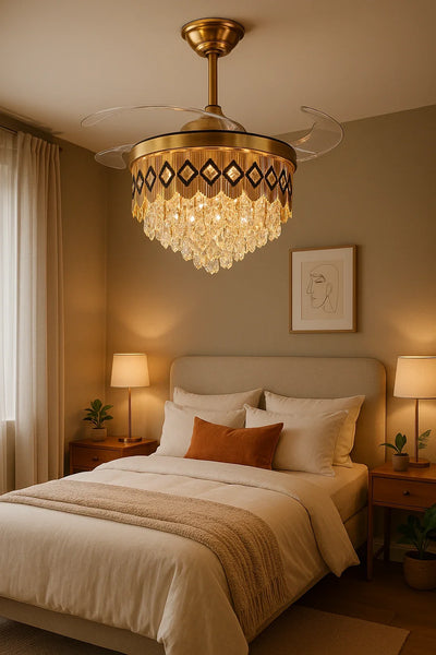 Diamond-Band Retractable-Blade Crystal Fan Chandelier