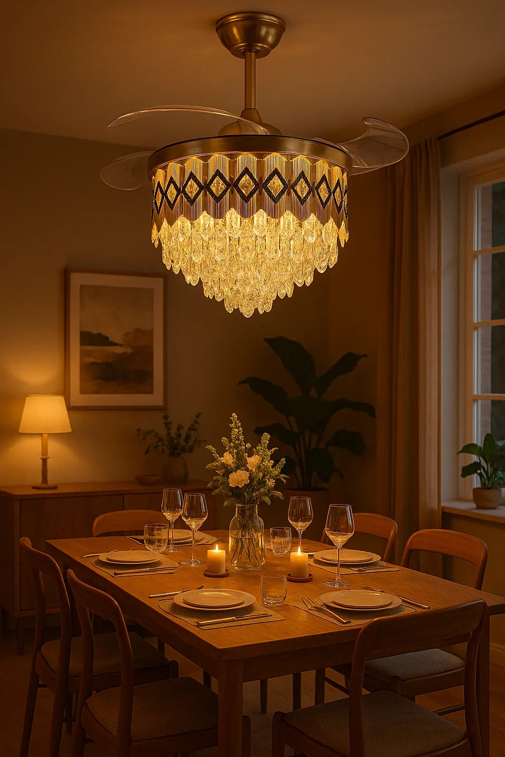 Diamond-Band Retractable-Blade Crystal Fan Chandelier