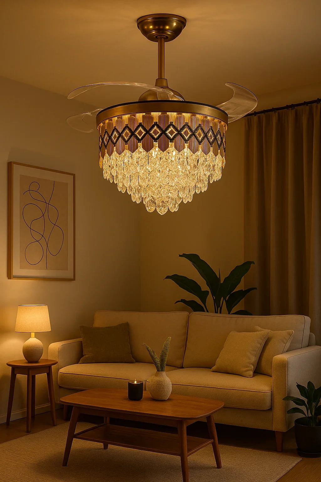 Diamond-Band Retractable-Blade Crystal Fan Chandelier